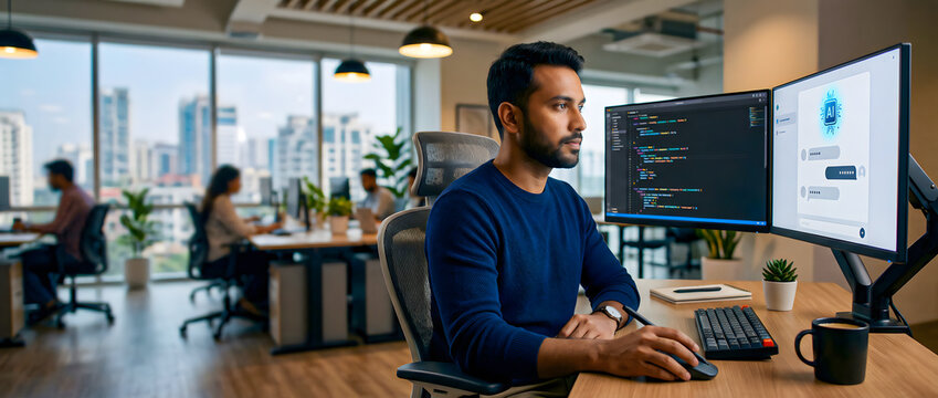 Focused South Asian male software developer writing code and using an AI chatbot on dual monitors in a modern city office.