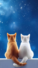 Fototapeta premium Domestic cats sitting side by side on ledge while observing starry night sky. Feline companions watching stars and nebulae during peaceful evening.