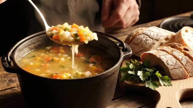 Person stirring hot vegetable soup in cast iron pot with bread