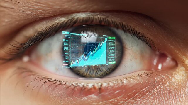 Futuristic Eye with Digital Data Visualization and Stock Market Graphs in Iris, Representing Advanced Technology and Financial Analysis, symbolizing innovation and data-driven decision making