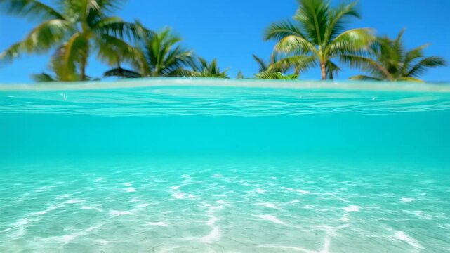 Underwater Tropical Ocean Surface with Palm Trees and Clear Blue Sky