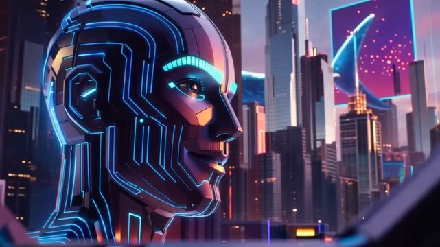 Futuristic robot head in neon-lit cityscape with flying cars and skyscrapers, depicting a futuristic urban scene