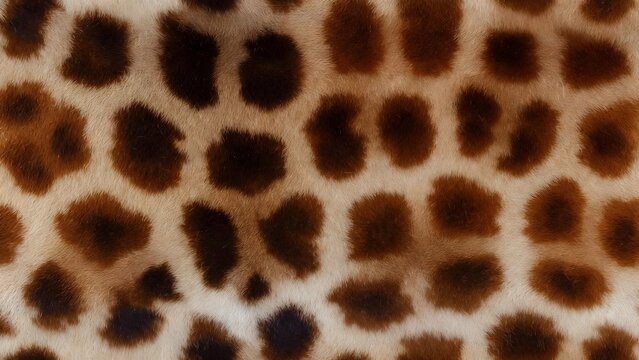 Soft brown leopard fur texture with dark spotted pattern. Exotic animal skin background and fashion material. Macro shot of fluffy feline pelt for luxury textile and garment design