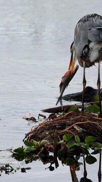 Great blue heron dropping fish as it escapes, feeding behavior in wetland