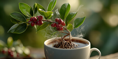 Naklejka premium Detailed artistic composition illustrating coffee cup with sprouting of sapling and nature elements