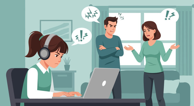 Teenager seeks refuge in digital world, oblivious to parents' heated argument, illustrating modern family dynamics and communication challenges
