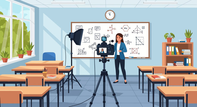 Dedicated educator creating engaging virtual lessons A female teacher filming a mathematics class with professional equipment for e-learning