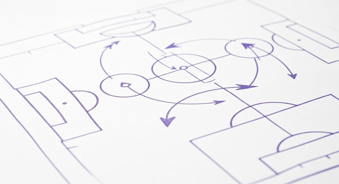 A close up view of a soccer field strategy diagram drawn with purple markings and arrows