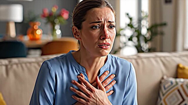 Woman experiencing heart pain or discomfort sitting on couch in living room with blurred background