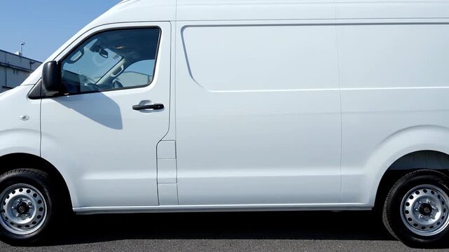 White Cargo Van Side View on Asphalt Road