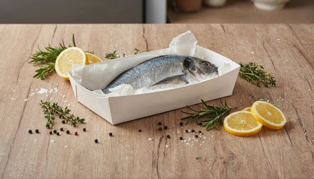 Fresh sea bream in artisanal tray with Mediterranean herbs