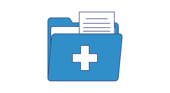 Blue medical folder with white cross symbol and document, healthcare records icon