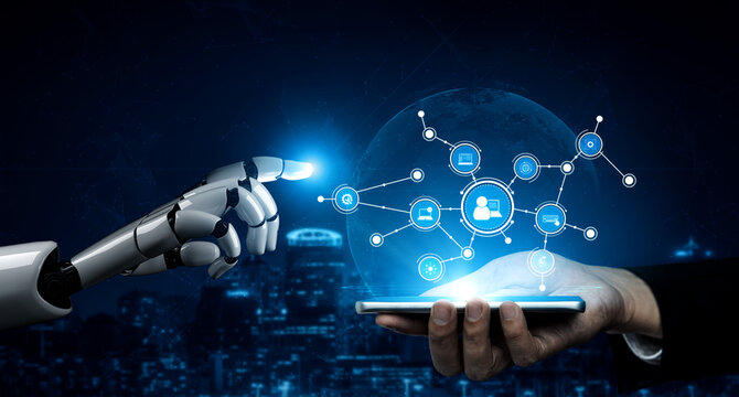 A captivating scene shows a robot hand reaching toward a human hand holding a smartphone, symbolizing advanced technology and digital communication in today world. Tessel