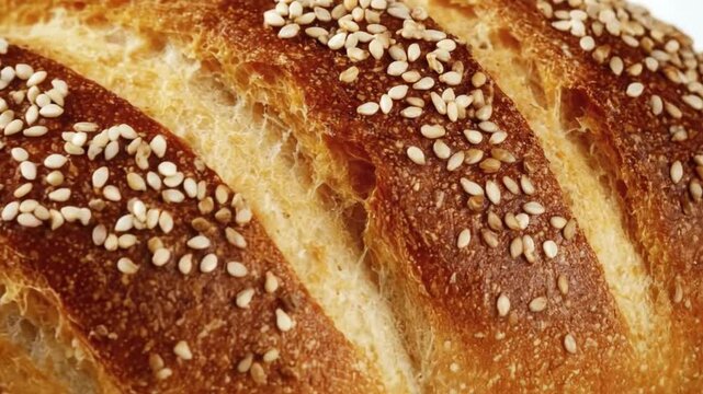 Artisanal loaf of freshly baked sesame seed bread isolated on a white background, golden brown crusty sourdough loaf.