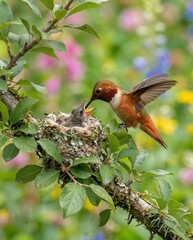 Fototapeta premium Hummingbird feeding chicks in nest on tree branch with floral background