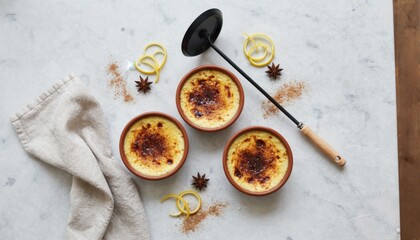 Fototapeta premium Gourmet custard desserts with lemon and spices on marble