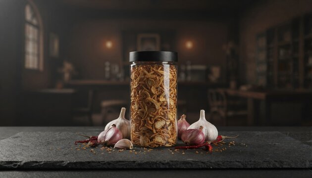 Gourmet fried shallots in jar on dark slate setting