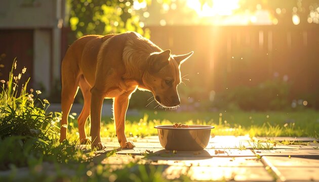 A Dog Eagerly Drinks Water from a Bowl in the Warm Golden Sunlight of a Backyard Garden.