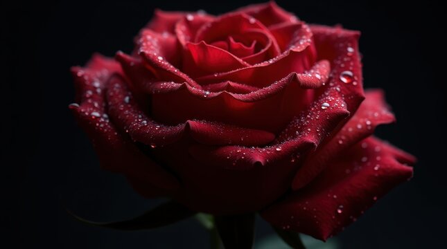 Black and deep red rose with water droplets in dramatic macro lighting, creating a rich romantic floral image with velvety texture.

