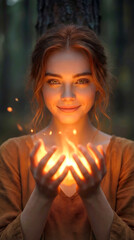 Naklejka premium Redheaded woman holding magical fire in her hands. Young female with glowing embers and flames in dark forest setting.