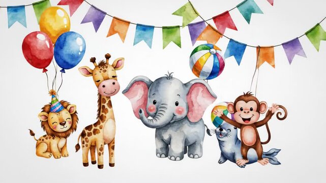 A watercolor circus clipart collection presents cute hand-drawn nursery animals including a baby giraffe, lion, elephant, seal, and monkey adorned with balloons and garlands.