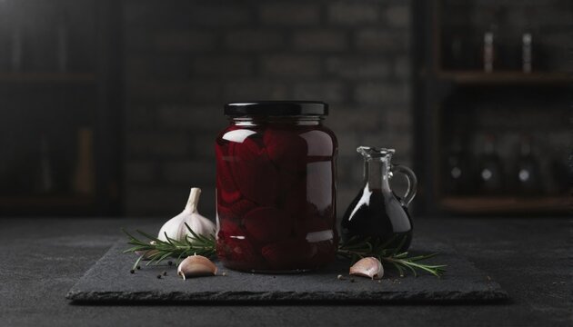 Gourmet sliced beetroots in glass jar on dark stone surface