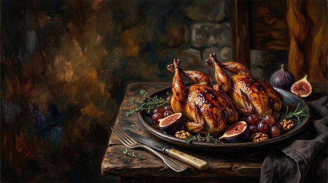 Two golden roasted quails served on dark plate with fresh figs, grapes, and walnuts. Rustic wooden table background with copy space. Classic oil painting artwork style, gourmet holiday dinner concept.