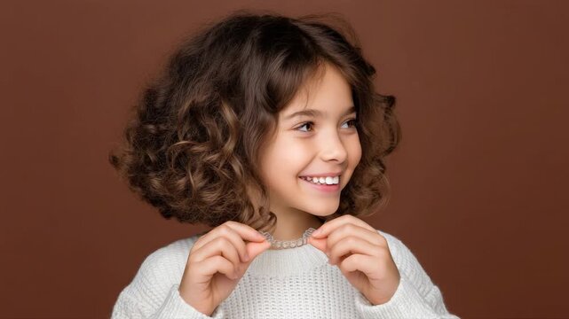 Smiling child demonstrates invisible aligners against brown screen