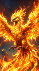Naklejka premium Phoenix bird rising with wings spread wide. Mythical creature made of fire and golden flames soaring through dark sky.