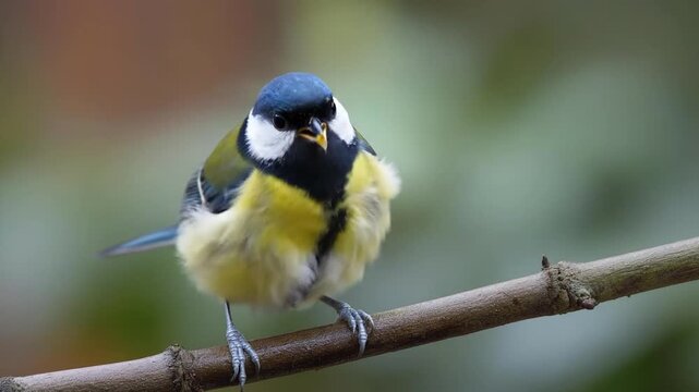 Close-up of a colorful great tit perched on a thin tree branch in a garden, small wild songbird in nature with a blurred background.