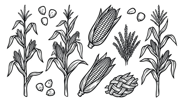 Detailed hand-drawn collection of corn elements in a rustic, vintage style, featuring whole plants, husked cobs, and scattered kernels for agricultural and food-themed designs