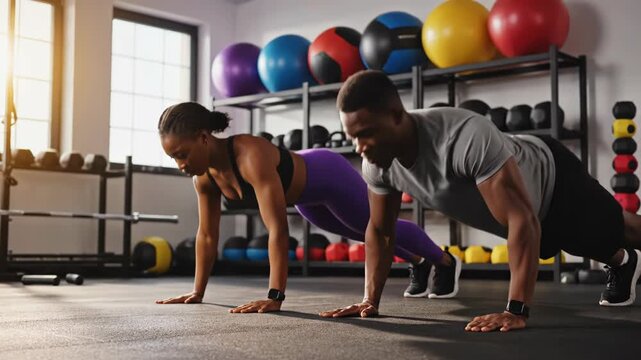 Two people doing pushups in a gym with exercise balls and dumbbells