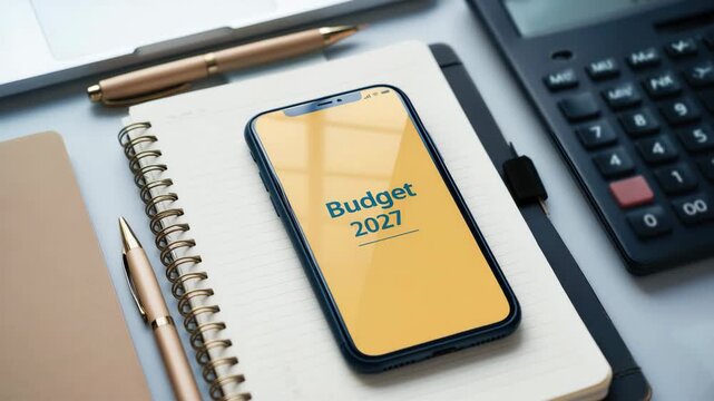 Mobile phone screen showing budget 2027 on office desk, personal finance planning, annual budgeting process, calculator notebook pen, cash flow tracking, expense control, forecasting