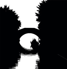 Venetian gondola silhouette under bridge on canal with trees, black and white vector illustration © MDSafwan