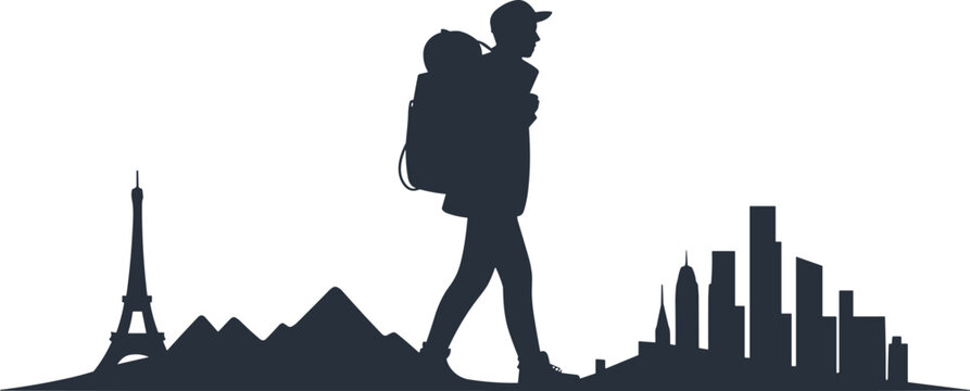 PrintTraveler silhouette with backpack, global landmarks vector illustration, Eiffel Tower mountain skyline icons, adventure design resource, black silhouettes pattern, exploration art concept