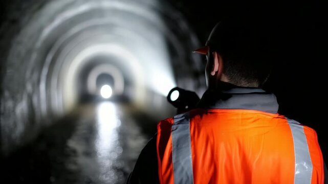 Worker navigates dimly lit tunnel with flashlight cautiously walking towards light