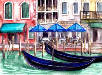 Venice watercolor architecture drawing. Hand drawn sketch of the city street buildings canal gondolas. Romantic travel background for cards © katyabogina
