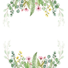 Fototapeta premium Watercolor floral wreath design with leaves and flowers