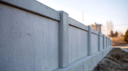 Fototapeta premium Modern Gray Concrete Wall or Fence Section at Construction Site with Distant Out-of-Focus Background and Bright Sky