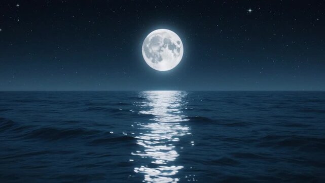 A serene nighttime scene of a full moon shining brightly over calm ocean waters, reflecting its gentle light on the waves under a starry sky