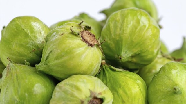 Close-up of fresh green hazelnuts in shells piled on white background, raw organic nuts macro shot