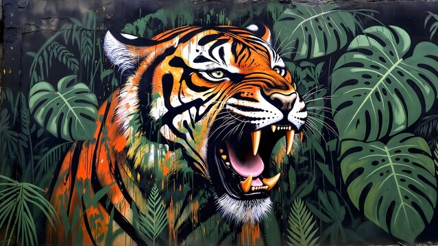 Majestic tiger face with artistic paint drips. Creative wildlife art and conservation. Roaring tiger head merged with green monstera leaves and abstract artistic elements