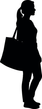 Silhouette of woman wearing ponytail and carrying shopping tote bag, standing profile vector
