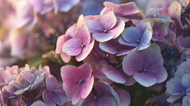 Close-up of pink and blue hydrangea flowers blooming in a garden during golden hour, beautiful soft focus floral background with warm sunlight.