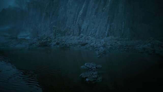 deep midnight pool beneath cliff, glassy dark water, scattered basalt outcrops, heavy teal tones, quiet reflective scene ideal for suspenseful cinematic use