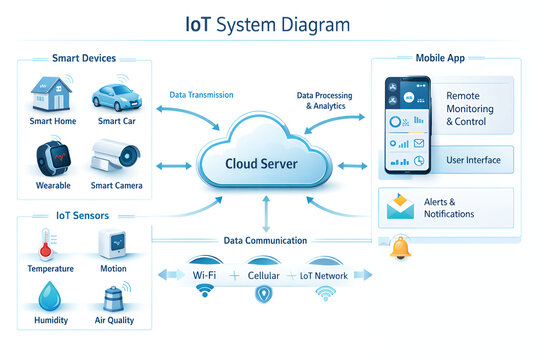 IoT System Architecture Diagram with Smart Devices and Cloud Connectivity
