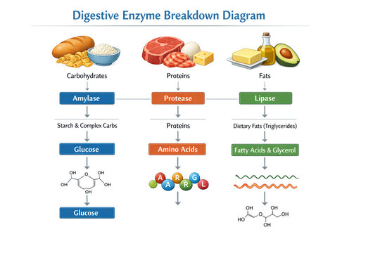 Digestive Enzyme Breakdown Diagram for Carbohydrates Proteins and Fats