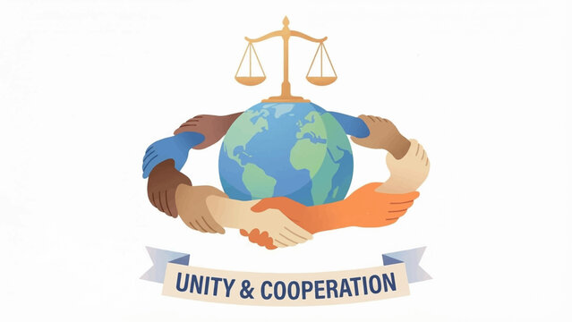 Vector illustration of diverse hands holding globe with scales, unity cooperation symbol