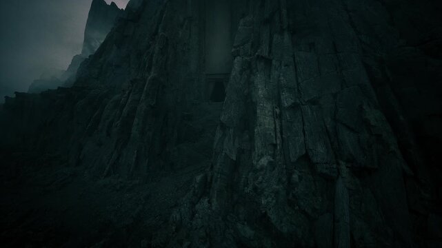 towering basalt cliff under moody sky, vertical rockface with deep crevices and visible strata, textured surfaces ideal for geologist mapping and scientific