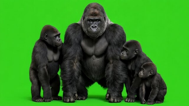 Majestic silverback gorilla family stands together protectively against a vibrant green background.